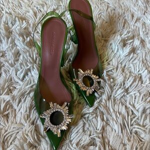 Amina Muaddi forest green PVC heels
